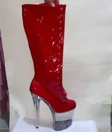 Танцевальная обувь, женские сапоги до колена из искусственной кожи на высоком каблуке 8 дюймов, пикантные великолепные сапоги до колена высотой 20 см, на шнуровке, с прозрачной подошвой посередине