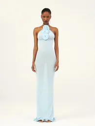 Sexy Neckholder 3D-Blume, figurbetont, langes Kleid, hellblau, ärmellos, mit Schnürung, bodenlanges Kleid, Abendparty, Club-Kleider 240312