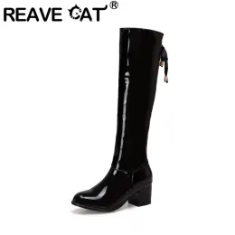 ブーツをReave Cat Cat Woman's High Boots Round Toe Block Heels Zipper Rubber Sole Plus Size 3350 Ribbonsブラックホワイトレッド冬S2684