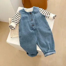 Clothing Sets 2024 Spring Infant Denim Strap Pants Suit 0-3Year Old Cotton Striped Top Long Sleeve Girls Loose Jumpsuit 2Piece Set