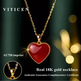 VITICEN Real 18K Colar de Ouro Para Mulheres AU750 Natural Ágata Vermelha Forma de Coração Pingente Presente do Dia dos Namorados Jóias Finas Originais 240311