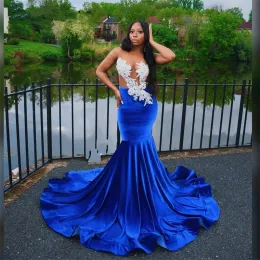 Sexy Royal Blue Mermaid Prom Veet Sheet Seckie Porki Kryształ ASO EBI Graduation Party Dress Formal Suknie Szata de Bal