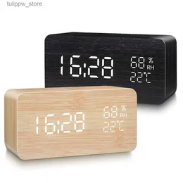 Настольные настольные часы Mi Home Будильник Светодиодные цифровые деревянные настольные часы с питанием от USB / AAA с температурой и влажностью Голосовые электронные настольные часы L240323