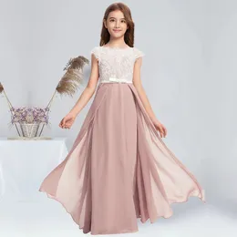 Aline Scoop длиной до пола, шифоновое кружевное атласное платье для подружек невесты с бантом на молнии сзади, платье с короткими рукавами для девочек-цветочниц 240312