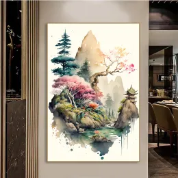 Calligraphy Japanese Style Landscape Wall Art Canvas Painting Watercolor Aesthetic Poster Print Pictures for Modern Home Interior Decor