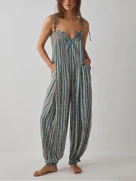 Kvinnor boho blommor lösa overaller ärmlös bindning båt hals ruched spaghetti rem jumpsuit baggy long romper 240315