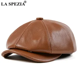 La Spezia äkta läder Sboy Cap Men Högkvalitativ åttkantig hatt Autumn Winter Beret Real Cowskin Flat 240311