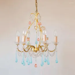 Lustres Europeu Francês Sonho Rosa Azul Cristal Cobre Lustre Retro Luxo Sala de Jantar Luz no Quarto