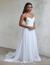 Abiti da ballo moderni e sexy da spiaggia Abiti lunghi in chiffon con spalline da sposa Abiti da sposa Guaina con applicazioni di pizzo senza schienale