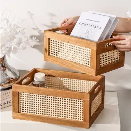 Bidoni della scatola di stoccaggio in legno desktop giapponese Rattan Woven Ceste per campeggio per la casa Snack Contenitore Organizzatore di ordinamento Cosmetici