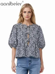 Aonibeier Y2K Printed Women Blouse Traf Summer Bow LaceUp Hollow Out Puff Sleeve Slim Short Shirt Female Crop Top Street 240322