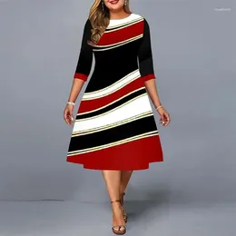 Vestidos casuais 2024 outono todos os jogos moda simples a-line saia geométrica impressa bloco cor em torno do pescoço plus size para mulheres vestidos