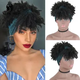 Peruker alororo afro puff kort kinky lockig pannband peruk syntetiska huvud wrap peruk för svarta kvinnor turban wrap bruna hår peruker