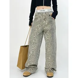 American Retro High Street Casual Overalls Leopard Print Loose Wide Leg Pants for Women Y2K Hip-Hop Cargo Grunge Baggy byxor 240323