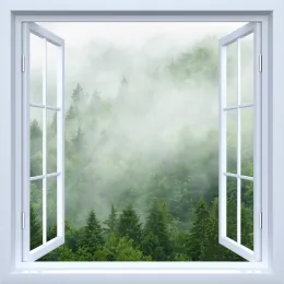 Klistermärken 3D Hot White Window Fog Forest Window Frame Mural Vain Vinyl Bedroom Wallpaper Wall Decals Stickers Christmas Wall Sticker