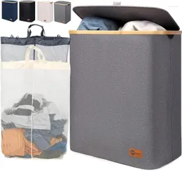 Wäschesäcke, abnehmbare Tasche, Bambusgriff, faltbarer Wäschekorb für schmutzige Aufbewahrung, Schlafzimmer, Grau
