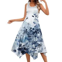 Casual Dresses Women's Fashion Round Neck Sleeveless Floral Print Oregelbunden hem Midi Dress Sukienki Damskie Vestidos Verano Moda 2024