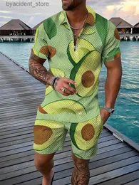 Мужские спортивные костюмы летние 3D тропические фрукты печатные печать мужчины поло в ладель -наборе на молнии наборы половых наборов на молнии и шорты 2pcs Sets Holiday Style Одежда MAN L240320