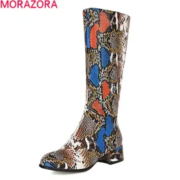 Boots Morazora 2022 Big Size 3348 Women Boots Med Heels Round Toe Fashion Snake Winter Boots Pu Leather Boots High Boots