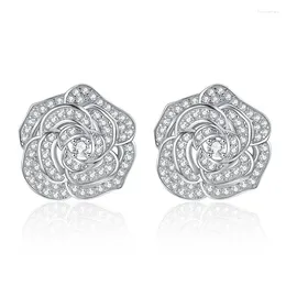 Cluster Rings S925 Silver Earrings Full Diamond Heavy Industry Camellia 3D Flower Zircon Style Jewelry