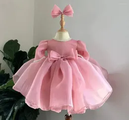 Abiti da ragazza Abito da bambina rosa con fiocco gonfio con maniche lunghe Prima Comunione al ginocchio Fiore Regalo per bambini