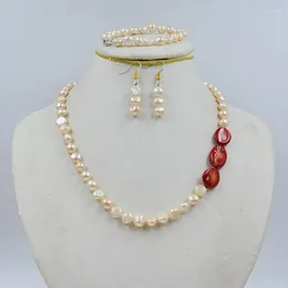 Set di collana e orecchini Set di collana/orecchini/bracciale di corallo con perle barocche rosa naturali coltivate da 8 mm.Tempo libero estivo da donna molto classico