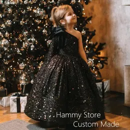 Girl Dresses Fashion Wedding Flower Dress One Shoulder Big Bow Black Sequined First Communion Gown Long Sleeve Christmas Party
