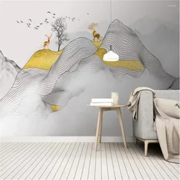Wallpapers personalizado grande papel de parede mural estilo chinês abstrato linha de tinta fumaça paisagem arte artística concepção alce fundo parede