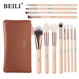 BEILI Pink 12 pezzi Rose Golden Natural Goat Hair Premium Foundation Ombretto Blush Powder Evidenziatore Correttore Set di pennelli per trucco 240314