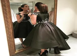 Fancy Black Hi Lo Prom Dresses Satin Ball Gown Party Dresses Cocktail Dress Cap ärm 20191090993