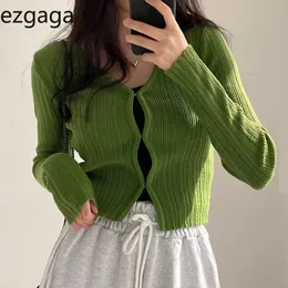 Ezgaga Cardigan Cardigan Women v Neck Covered Button Solid Stridge Spring Long Sleeve Tops Tops Sweater Lady Sweater 240311