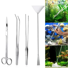 Verktyg 4stycken ROINTLESSSTEEL Aquarium Plant Tool Set Terrarium Plant Pincezers Gravel Scissors Spatula Steel Waterweed Kit Fish Tank