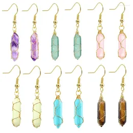 Dangle Earrings 6pairs/lot Natural Stone Wire Wrap Hexagonal Prism Charms Healing Tiger Eye Rose Quartz Crystal Earring Fashion Jewelry
