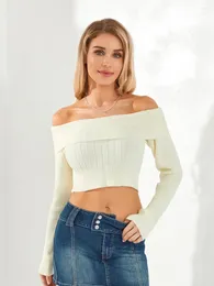 Women's T Shirts Women Off Shoulder Knit Crop Tops Solid Color Boat Neck Long Sleeve Sweater Pullover Casual Basic T-Shirts