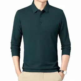 2024 Spring Autumn Waffle Men's LG-Sleeved Polo Shirt Busin Casual Slim Elastic Top Classic Solid Kolor Męskie TEES O1FU#