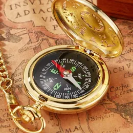 جيب الساعات وصول Compass Gold Brown Retro Hollow Quartz Watch FOB FOB Pendant Gift Chain299V