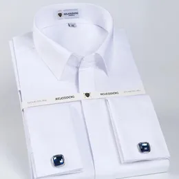 Mens Classic French Cuff Hidden Button Dress Shirt Long-sleeve Formal Business Standard-fit White Shirts Cufflinks Included 240318