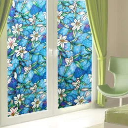 Films 2M Long Blue Magnolia flower stained glass window film static selfadhesive orchid flower glass film window decoration for home