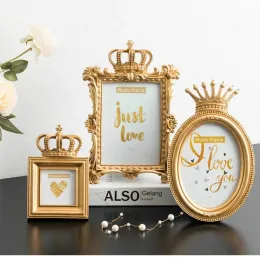 Frame European Retro Resin Photo Frame Luxury Baroque Style Gold Crown Pictures Holder Modern Desktop Crafts Wedding Decor Accessories