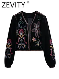 Zevity Women Vintage Flower Embridery National Style Short Coat Ladies Retro Open StitchingカジュアルベルベットジャケットトップCT100 240311