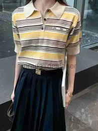 Designer Women's Sweaters MIUI Home 24ss Spring New Fashionable Loose Colored Striped Knitted Short Sleeves Slimming Polo Top