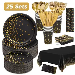 Black and Gold Party Supplies - 201pcs Disposable Dinnerware Set - Black Paper Plates Napkins Cups Dinnerware Decorations for 240318