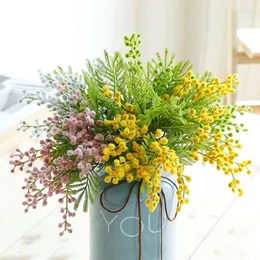 Flores decorativas 6 peças/pacote artificial mimosa plantas falsas decoração de casamento guirlanda de acácia estame de palma falsa flor decoração de casa