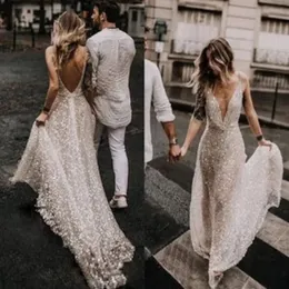 بريق عاريات الترتر فستان الزفاف 2024 Deep V-teace الخرزات اللامعة Sweep Train Boho Bridal Vestido de Novia