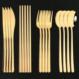 Ställer in Gold 16st Korean Long Handle Food Chopsticks Knife Fork Spoon Cutlery Set Återanvändbart 304 Rostfritt stål Nonslip Nroon