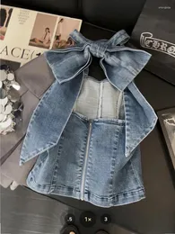 Tanques femininos azul denim colheita topo vintage y2k verão camisola 90s estética moda streetwear 2000s sem mangas arco jean tanque colete