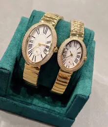 Novos casais número romano banheira relógio feminino masculino multifuncional quartzo cronômetro aço inoxidável safira vidro oval relógios duplo diamante moldura 29mm 25mm