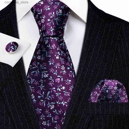 Krawaty szyi krawaty designerskie krawaty dla mężczyzn Purple niebieski kwiatowy Paisley pasiaste jedwabna jedwabna jedwabna kieszonka mankiety zestaw ślub Barrywang 5228 Y240325