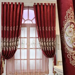 Vorhänge Edle und luxuriöse Vorhänge für das Wohnzimmer, rote ausgehöhlte Cortina-Vorhänge mit Chenille-Stickerei und roter Tüll für das Hochzeitszimmer