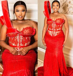 2024 ASO EBI RED FLORALS Mermaid Prom Dress Lace Crystals Squined Evening Formal Party Second Reception 50th Birthday Agrement Gowns 드레스 Robe de Soiree ZJ60